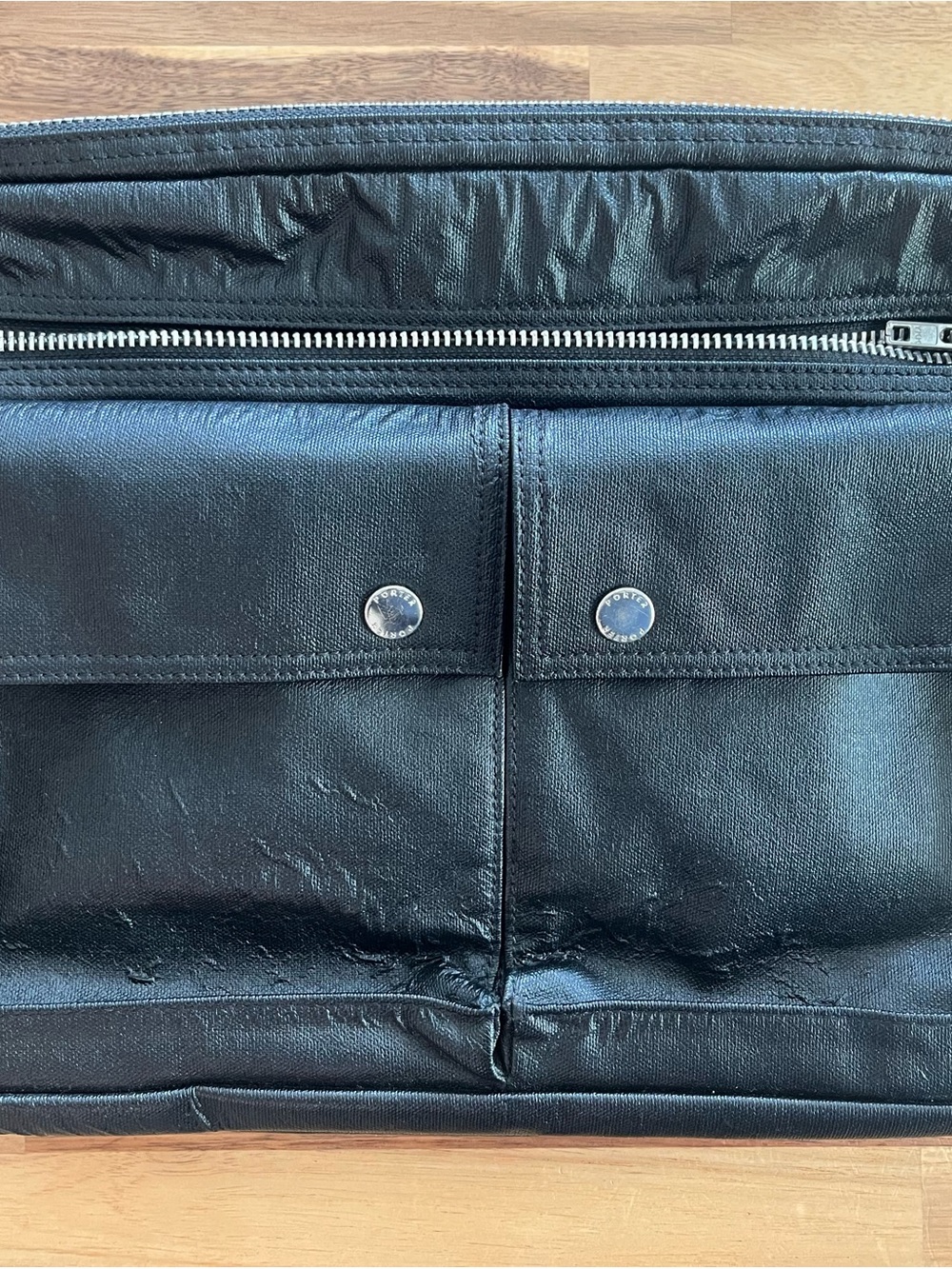 Porter International Black Leather Messenger Bag with Front Pockets - Picture 2 of 14